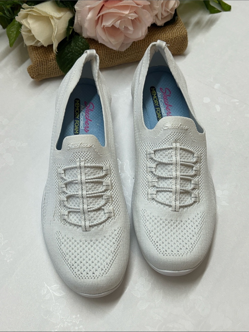Skechers Women's White Slip-On Knit Sneaker with Elastic Laces